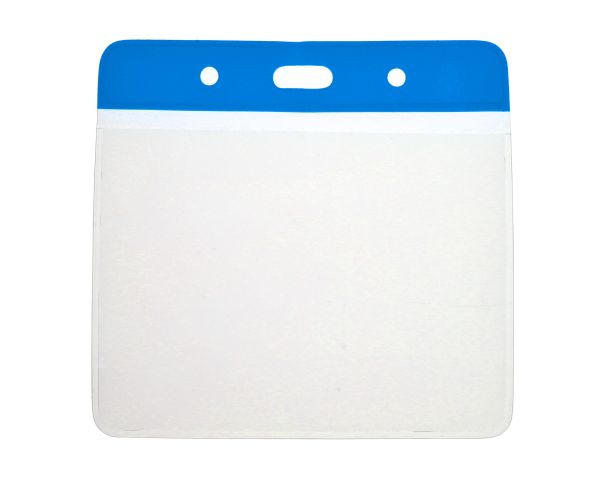 Einschubtasche transparent mit blauer Lasche Querformat Kartenhalter