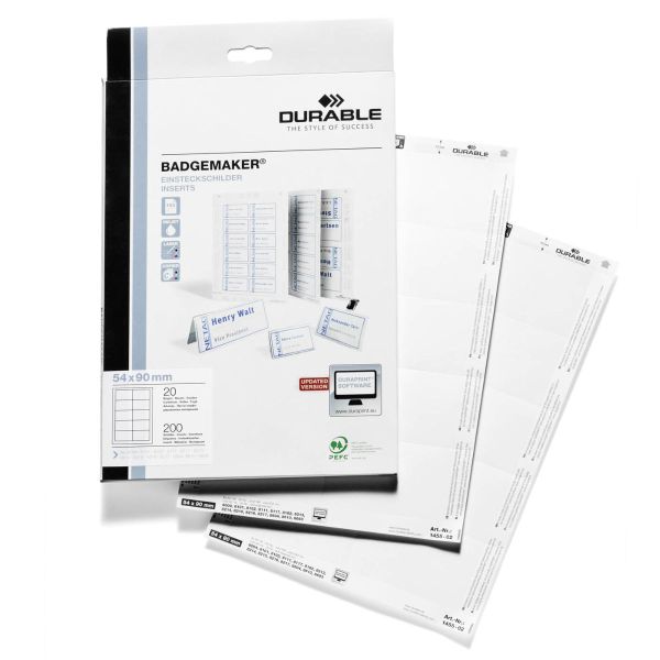 Durable Einsteckschilder Badgemaker 54*90mm A4 Druckbogen, 200 Stk.